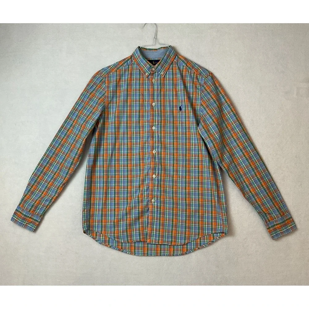 Ralph Lauren Plaid Shirt Boys XL (18-20) Blue‎ Orange Long Sleeve Button Up Down